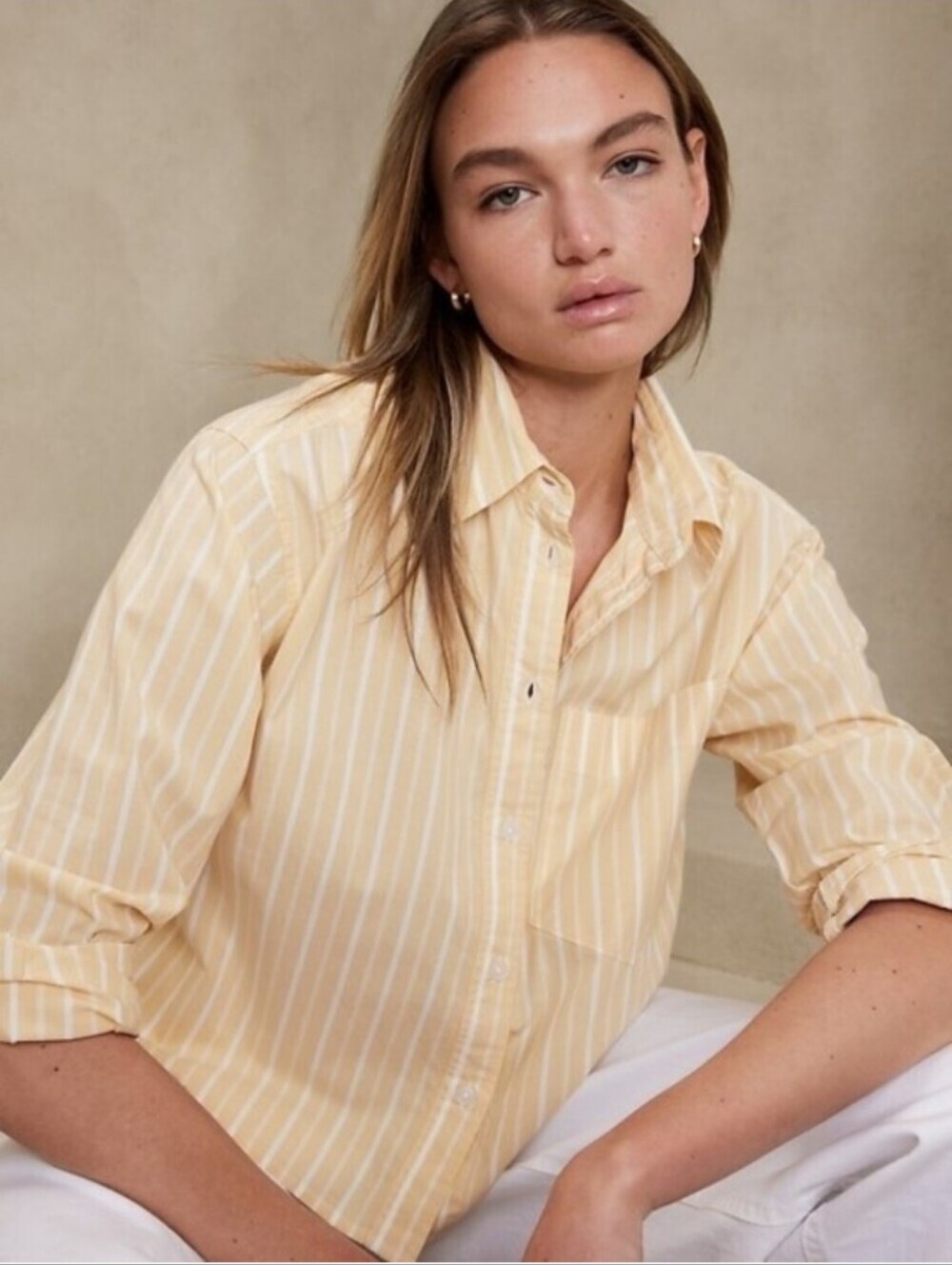 Banana Republic Cropped Yellow/White Stripe Poplin Button Down Shirt Large NWT!